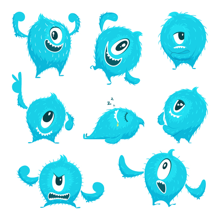 A Vector colored monster in cartoon style. Different action poses and cute faces.のイラスト素材