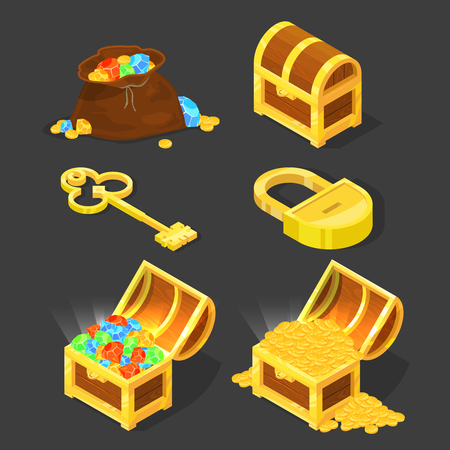 Old wooden chest with treasures, vintage key and lock. Vector illustrations in cartoon styleのイラスト素材