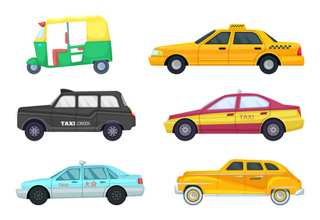 Taxi cars in different cities. Transport for fast traveling. Vector illustrations setのイラスト素材