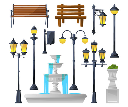 Urban elements set. Street lamps, fountain, park benches and wastebaskets. Vector illustrationのイラスト素材