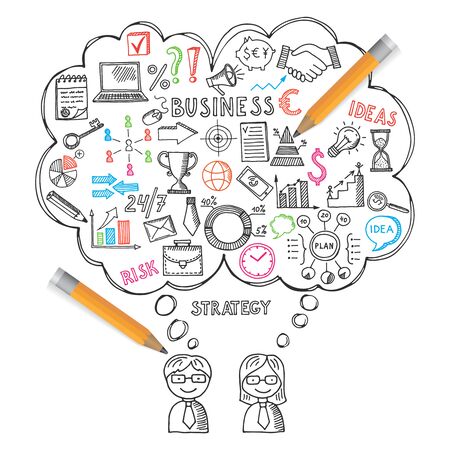 Business concepts illustrations in hand drawn style. Vector doodles setのイラスト素材