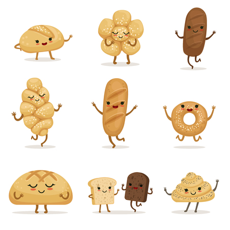 Funny bakery food with different emotions. Vector characters in cartoon styleのイラスト素材