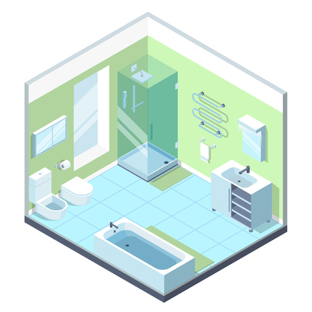 Bathroom interior with different furniture elements. Vector isometric illustrationsのイラスト素材