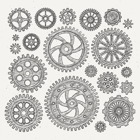 Industrial illustration set of mechanical metal wheels gears and cogwheels. Vector monochrome illustrationsのイラスト素材