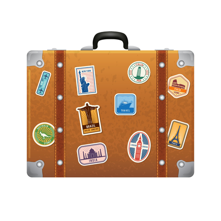 Travel stickers on retro leather suitcase. Vector labels setのイラスト素材