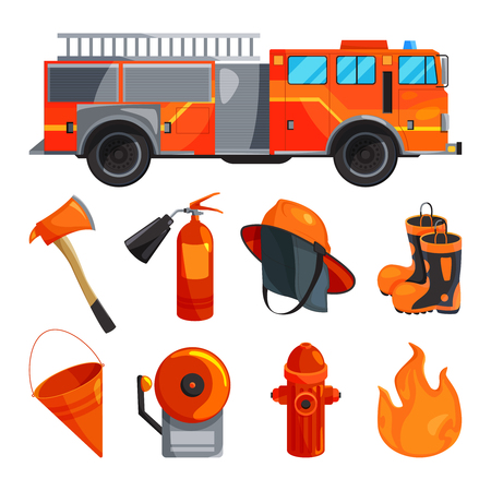 Protective clothing of fireman, boots, helmet, axe and other specific tools. Vector illustrations.のイラスト素材