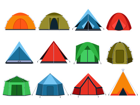 Different tourists tents for camping. Vector pictures in flat styleのイラスト素材