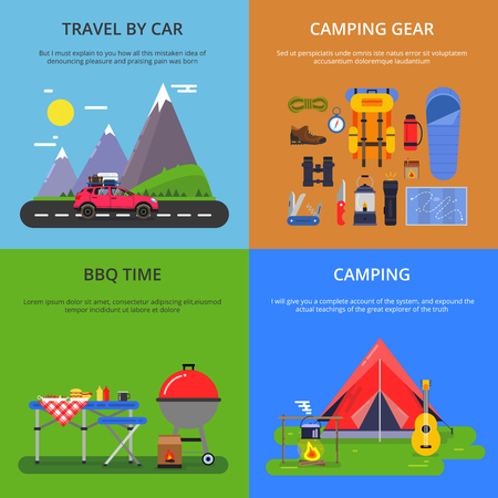 Four vector illustrations set of outdoor activities. Summer camping, climbing, hiking and road travelのイラスト素材