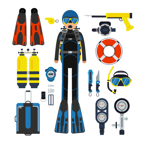 Equipment for underwater sport. Gas, scuba wetsuit and flippersのイラスト素材