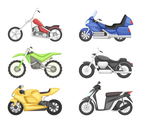 Chopper, cruiser sport bike and others types of motorcycles. Vector illustration set isolate on white backgroundのイラスト素材