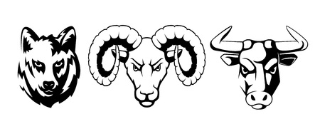 Sport emblems set with different animals. Wolf, ram and bulls. Vector illustrations for labelsのイラスト素材