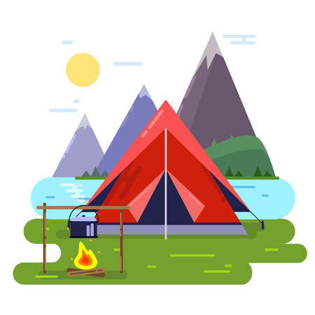 Summer camping vector background illustrations. Forest, tent and fireのイラスト素材
