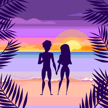 Loving couple on the beach. Sunset. Cartoon styleのイラスト素材