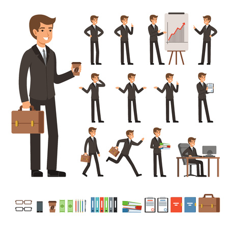Vector set of businessman in different action poses with accessories. Funny characters illustrationsのイラスト素材