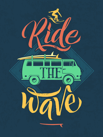 Retro poster of surfer on the waves in hawaii. Sport emblem with hand writing words. Vector illustrationのイラスト素材