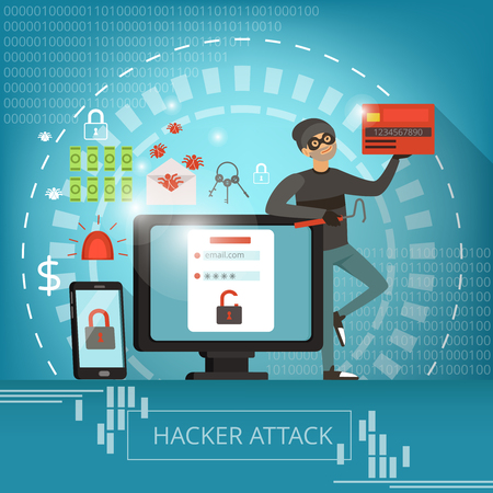 Concept illustration of computer crime and hacker mascot. Vector picturesのイラスト素材