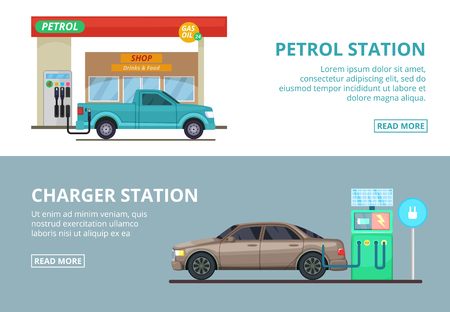 Car charging electricity, and petrol gas station. Vector illustrations in cartoon styleのイラスト素材