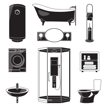 Monochrome illustrations of bathroom furniture and others sanitary symbols. Vector black pictures isolatedのイラスト素材
