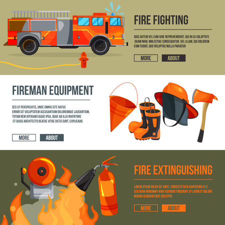 Horizontal banners set of fireman tools pictures. Firefighter in big flame. Vector illustrations with place for your textのイラスト素材