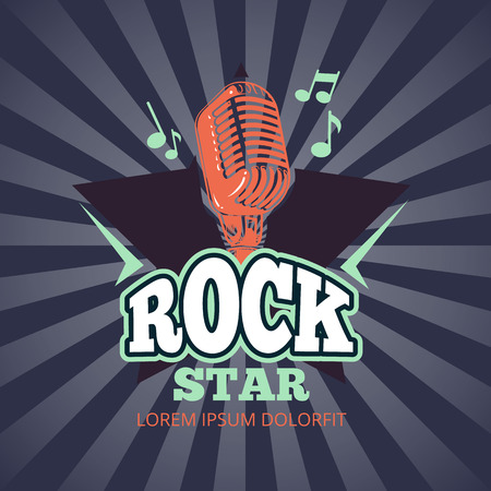 Retro karaoke music club, audio record studio vector logo, badge with microphone and star on sunburst backgroundのイラスト素材