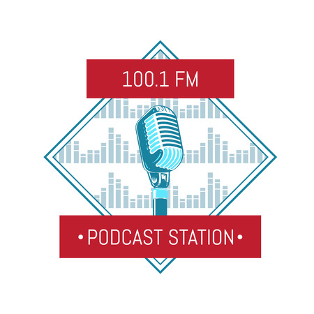 Vector podcast station logo with microphone on sound waves backgroundのイラスト素材