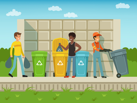 People put garbage in plastic packages of different types. Vectorのイラスト素材