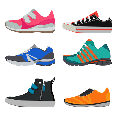 Fashion pictures of different sport sneakers. Vector pictures of colorful shoesのイラスト素材