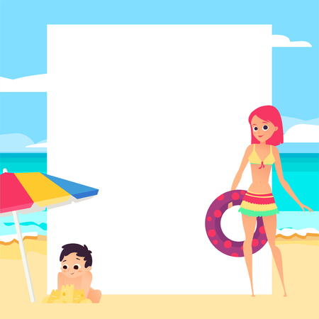 Beach background. Young girl and child. Cartoon styleのイラスト素材