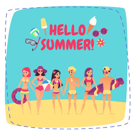 Hello summer. Company of young people on beachのイラスト素材