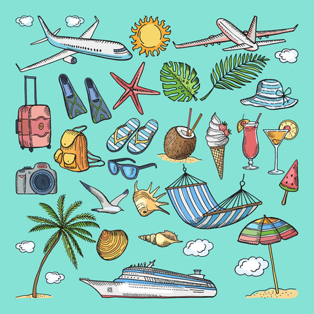 Different hand drawn coloring summer icons set. Tropical illustrations. Slippers, cocktail, bikini and other vacation ellementsのイラスト素材