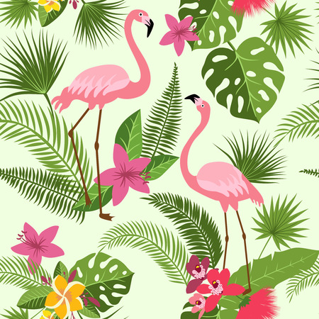 Vector seamless pattern with flamingo, tropical flowers and palm tree. Summer hawaiian backgroundのイラスト素材