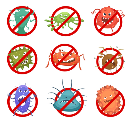 Red round signs with different bacteria and germs. Vector cartoon illustrationsのイラスト素材