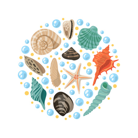 Different tropical shells in circle shape. Vector aquatic concept illustrationsのイラスト素材