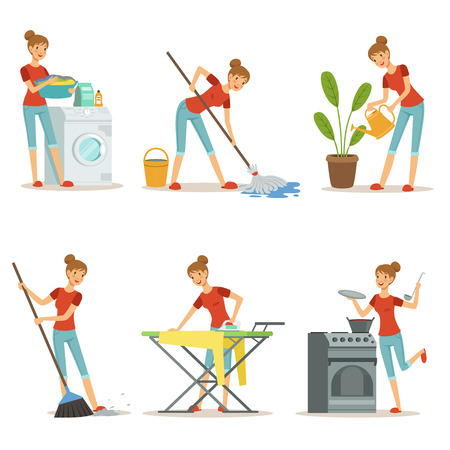 Housewife make different domestic works. Mother occupation. Vector cartoon characters setのイラスト素材