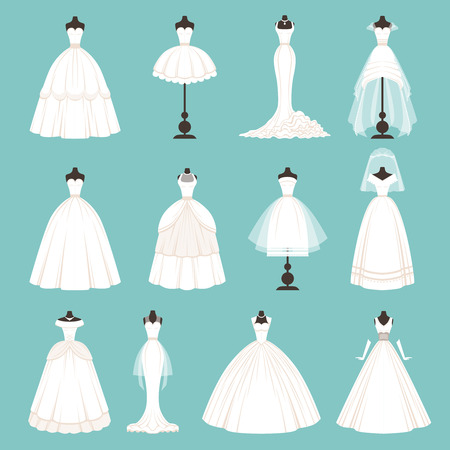 Different styles of brides dresses. Vector illustration in cartoon styleのイラスト素材