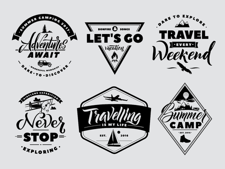Labels set of adventure and nature explore. Outdoors camp and wildlife. Vector monochrome illustrations. Vintage traveling expedition logo and badgeのイラスト素材