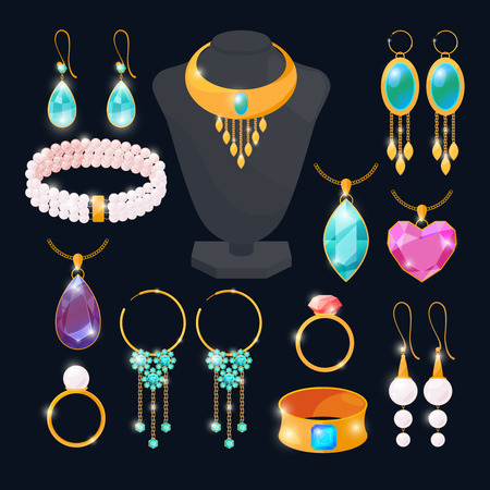 Luxury accessories for jewelry. Rings of gold, diamonds, ruby. Vector pictures set isolateのイラスト素材
