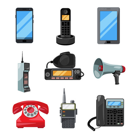 Different telephones, smartphones and other business communication tools. Vector contact symbolsのイラスト素材