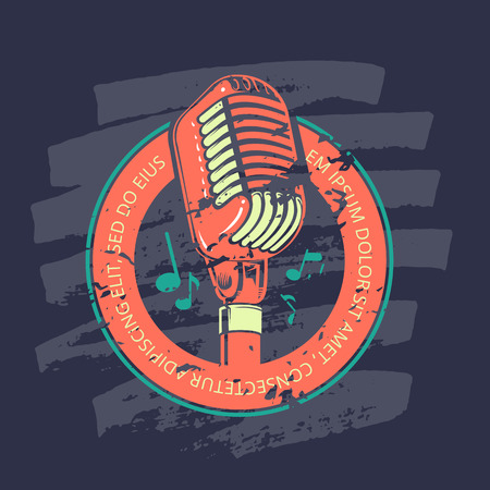 Retro karaoke music club, bar, audio record studio vector logo, badge with microphoneのイラスト素材