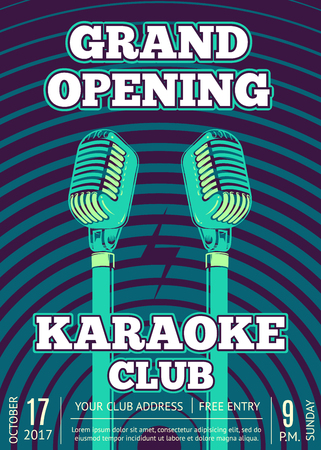 Vector karaoke club poster with retro microphones on radio signal circles backgroundのイラスト素材