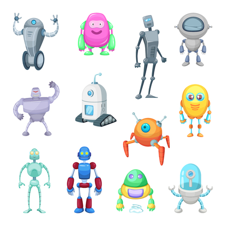 Characters of funny robots in cartoon style. Vector mascot set of androids and astronautsのイラスト素材
