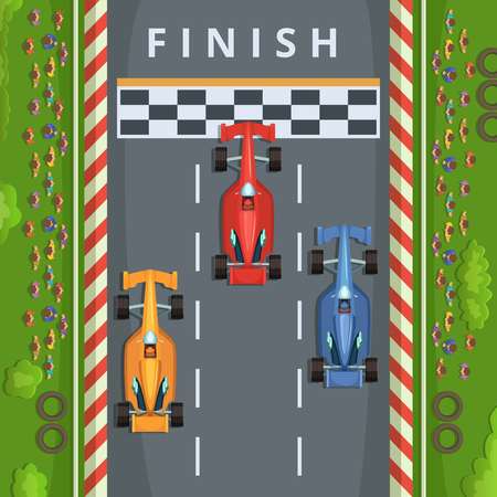 Racing cars on finish line. Top view racing illustrationsのイラスト素材