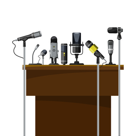 Tribune for speakers and different microphones. Conference visualizationのイラスト素材