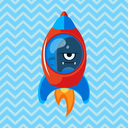 Angry alien in rocket. Cartoon vector illustration. Ufo. Space theme. Monster in space shipのイラスト素材