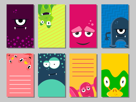 Colorful funny cards set with cute monsters. Templates for birthday, anniversary, party invitationsのイラスト素材