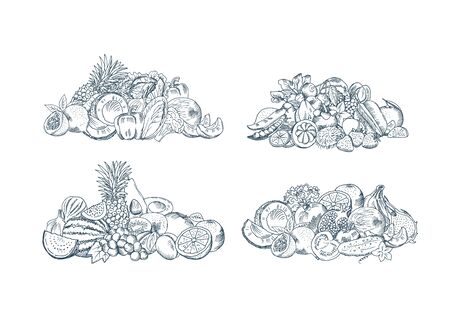 A Vector hand sketched fruits and vegetables piles set isolated on white background.のイラスト素材