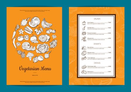 Vector doodle handdrawn fruits and vegetables vegan food menu template with frameのイラスト素材