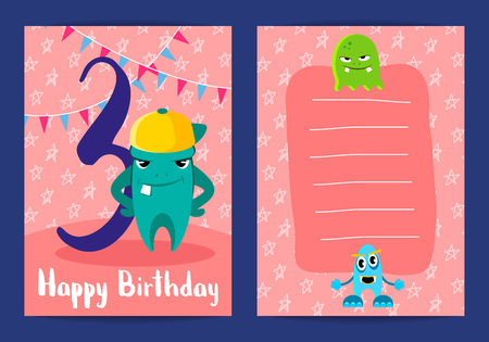 Vector happy birthday card with cute cartoon monsters and age three number on stars backgroundのイラスト素材