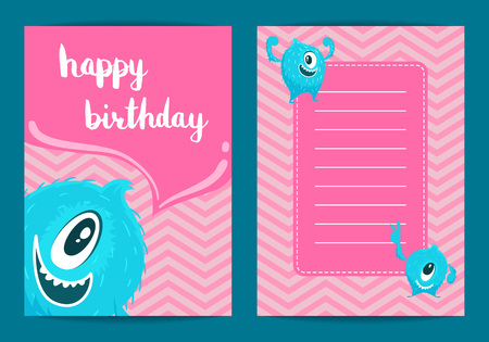 Vector happy birthday card template with cartoon monstersのイラスト素材