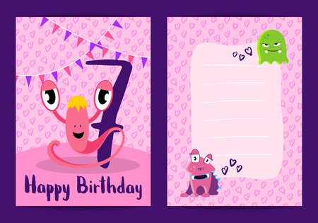 Vector happy birthday cards with cute monsters, garlands and age numberのイラスト素材